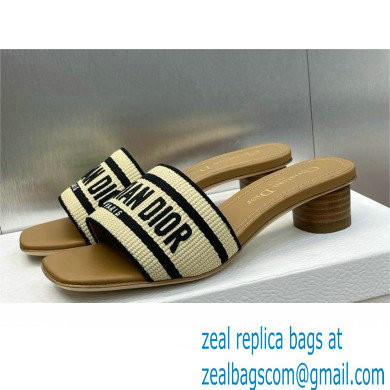 Dior Natural Raffia and Black Embroidered Cotton Dway Heeled Slide 2024