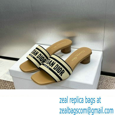 Dior Natural Raffia and Black Embroidered Cotton Dway Heeled Slide 2024
