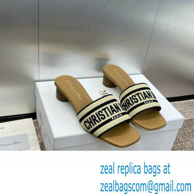 Dior Natural Raffia and Black Embroidered Cotton Dway Heeled Slide 2024