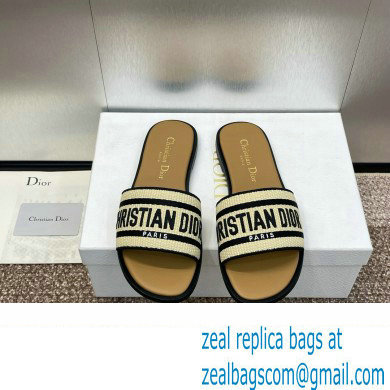 Dior Natural Raffia and Black Embroidered Cotton Dway Slide 2024