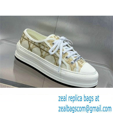Dior Or Walk'n'Dior Platform Sneaker in White Cotton Embroidered with Macrocannage Motif in Gold-Tone Metallic Thread 2024