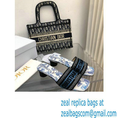 Dior Pastel Midnight Blue Multicolor Embroidered Cotton with Toile de Jouy Mexico Motif Dway heeled Slide 2024