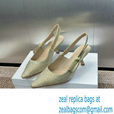 Dior heel 6.5CM J'Adior Slingback Pump IN Cotton Embroidered with Gold-Tone Metallic Thread and Strass 2024
