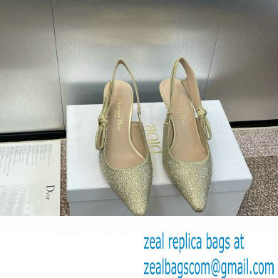 Dior heel 6.5CM J'Adior Slingback Pump IN Cotton Embroidered with Gold-Tone Metallic Thread and Strass 2024