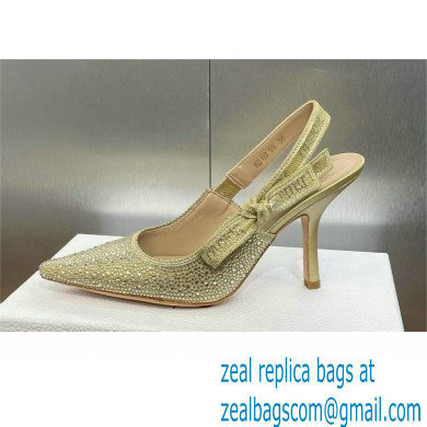 Dior heel 9.5CM J'Adior Slingback Pump IN Cotton Embroidered with Gold-Tone Metallic Thread and Strass 2024