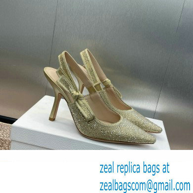 Dior heel 9.5CM J'Adior Slingback Pump IN Cotton Embroidered with Gold-Tone Metallic Thread and Strass 2024