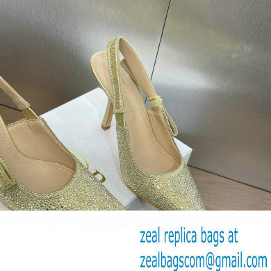 Dior heel 9.5CM J'Adior Slingback Pump IN Cotton Embroidered with Gold-Tone Metallic Thread and Strass 2024