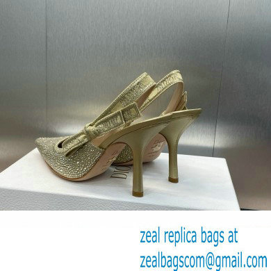 Dior heel 9.5CM J'Adior Slingback Pump IN Cotton Embroidered with Gold-Tone Metallic Thread and Strass 2024