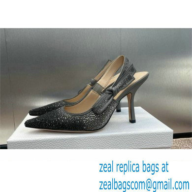 Dior heel 9.5CM J'Adior Slingback Pump IN Cotton Embroidered with Metallic Thread and Gradient Black and Gold-Tone Strass 2024