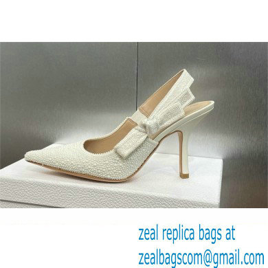 Dior heel 9.5CM J'Adior Slingback Pump IN Embroidered Cotton and White Resin Pearls 2024