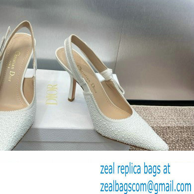 Dior heel 9.5CM J'Adior Slingback Pump IN Embroidered Cotton and White Resin Pearls 2024
