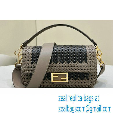 Fendi Medium Baguette Bag Black and Dove Gray interlaced leather and raffia 2024