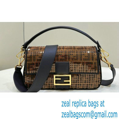 Fendi Medium Baguette Bag Brown FF jacquard fabric with sequins 2024