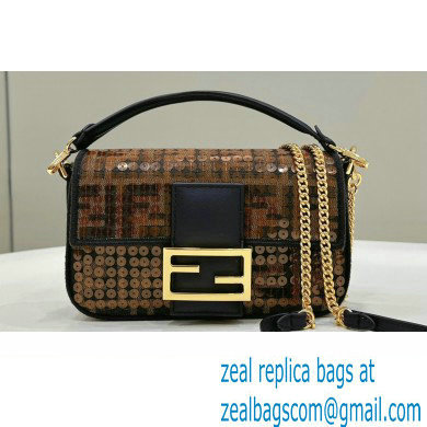 Fendi Mini Baguette Bag Brown FF jacquard fabric with sequins 2024