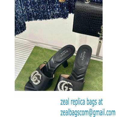 Gucci Heel 7cm Crystal Double G Slides Sandals Black 2024