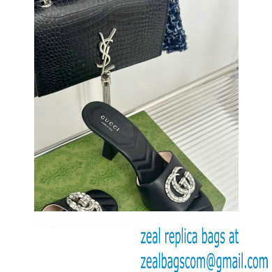 Gucci Heel 7cm Crystal Double G Slides Sandals Black 2024