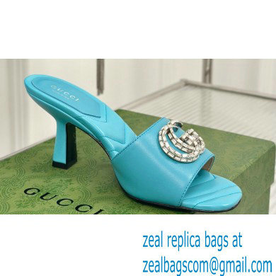 Gucci Heel 7cm Crystal Double G Slides Sandals Blue 2024