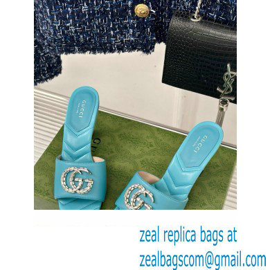 Gucci Heel 7cm Crystal Double G Slides Sandals Blue 2024