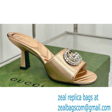 Gucci Heel 7cm Crystal Double G Slides Sandals Gold 2024