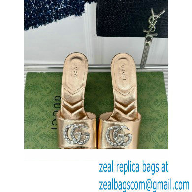 Gucci Heel 7cm Crystal Double G Slides Sandals Gold 2024