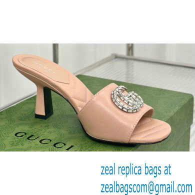 Gucci Heel 7cm Crystal Double G Slides Sandals Nude 2024