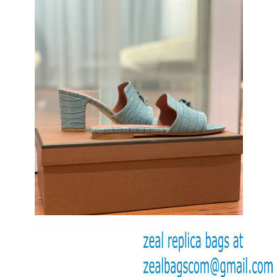 Loro Piana HEEL 8cm crocodile pattern leather summer charms mules BLUE 2024