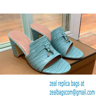 Loro Piana HEEL 8cm crocodile pattern leather summer charms mules BLUE 2024