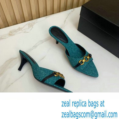 Saint Laurent Heel 4cm le maillon mules with a cable-link chain in Denim Green 2024