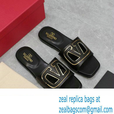 Valentino Vlogo Cut-Out Calfskin Slide Sandals Black 2024