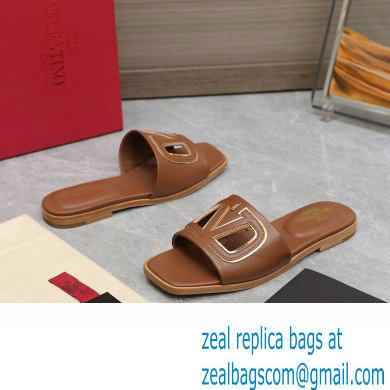 Valentino Vlogo Cut-Out Calfskin Slide Sandals Brown 2024
