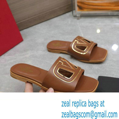 Valentino Vlogo Cut-Out Calfskin Slide Sandals Brown 2024