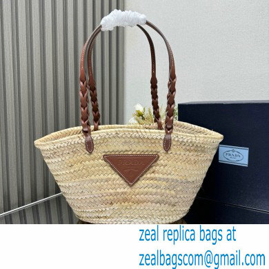 PRADA Woven Palm and Leather Tote 1BG314 Beige/Cognac 2024